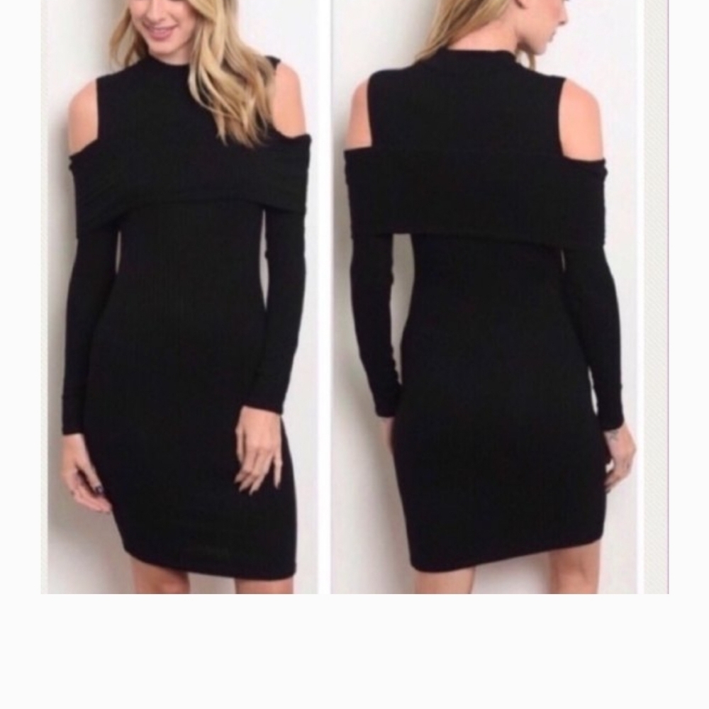 CY Fashion Ribbed Bodycon Black Cold Shoulder, Long Sleeve Fitted Dress hp 10x🔥 - Picture 12 of 13
